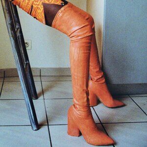 Custom Made Coral Latex Thigh High Block Heel Boots Size 41